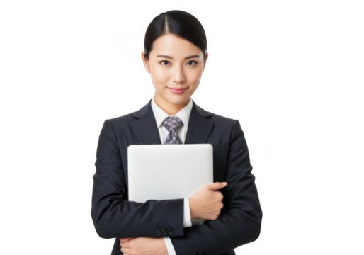 A professional asian businesswoman in a suit holding a laptop, isolated on transparent background