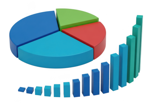 3d pie chart and bar graph showing upward trend and growth isolated on transparent background