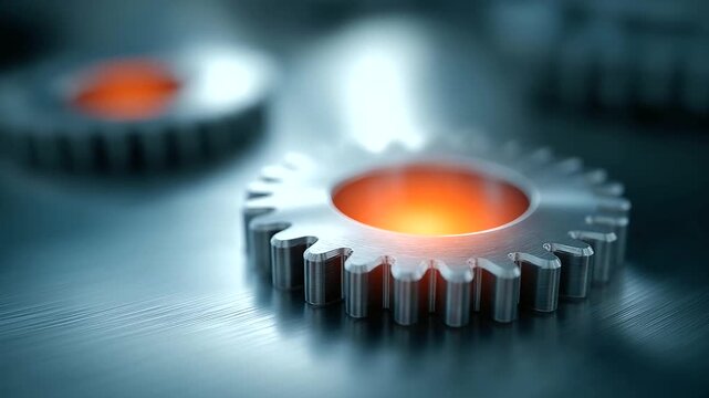 Shiny metal gears interlocked with defocused glowing orange center, faceless mechanical system, complex visualization detail, blurred machinery background, precision concept, mecha