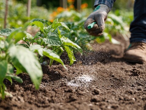 Gardener applying granular fertilizer to young plants and soil in a garden setting