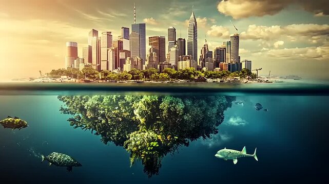 Surreal underwater metropolis, a symbiotic blend of urban and aquatic environments