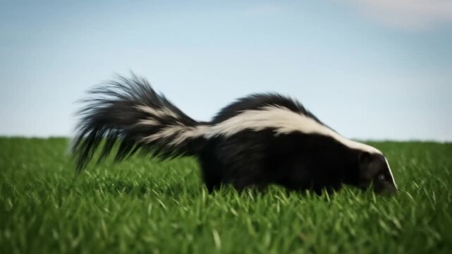 A skunk walks through a field, showcasing its distinctive black and white fur pattern foraging
