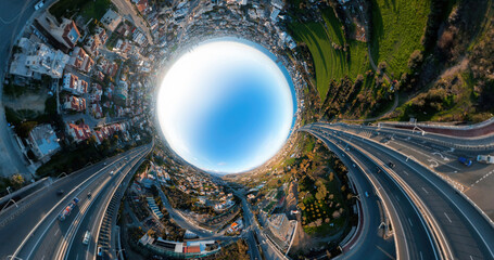 Limassol cityscape bending into spherical panorama, revealing urban landscape and highway network...