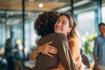 Joyful colleagues embracing in a bright modern office — two women share a warm hug, celebrating reunion, teamwork, friendship and workplace connection.