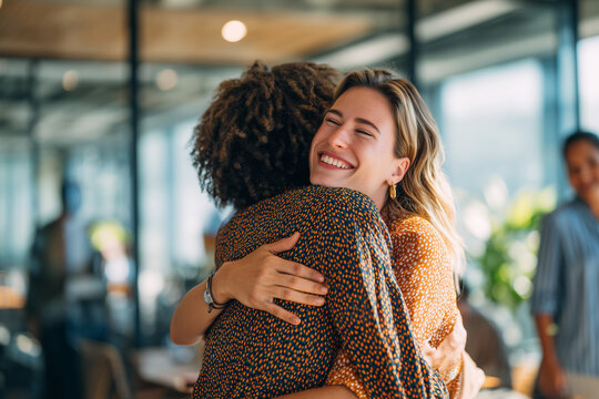 Joyful colleagues embracing in a bright modern office — two women share a warm hug, celebrating reunion, teamwork, friendship and workplace connection. - Powered by Adobe