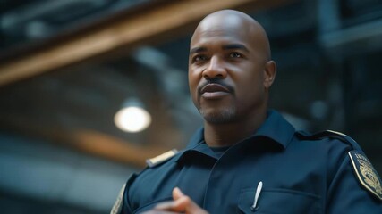 Police captain delivering orders to officers before a prison security operation, showing calm leadership and confidence, symbolizing organization, command responsibility, and emotional steadiness