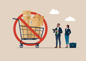 Embargo, trade wars. Cardboard boxes in supermarket trolley and a red symbol NO. Vector flat illustration