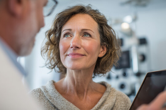 Middle-aged woman receiving an eye-health consultation from a caring optometrist in a modern clinic, looking hopeful and confident