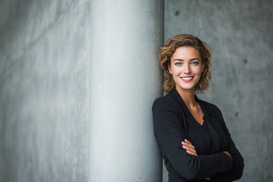 Smiling professional woman in black blazer leaning on concrete column — modern corporate portrait showing confidence, leadership, and approachability