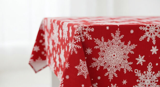 A red tablecloth with white snowflakes pattern on a white background