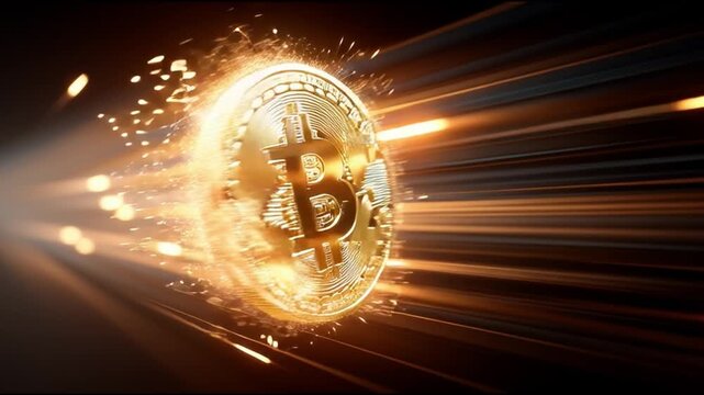 A dazzling representation of a Bitcoin coin with sparks and light trails, illustrating the dynamic nature of cryptocurrency.