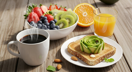 Healthy organic breakfast with fresh fruit and cup of tea with lemon and mint on a white table