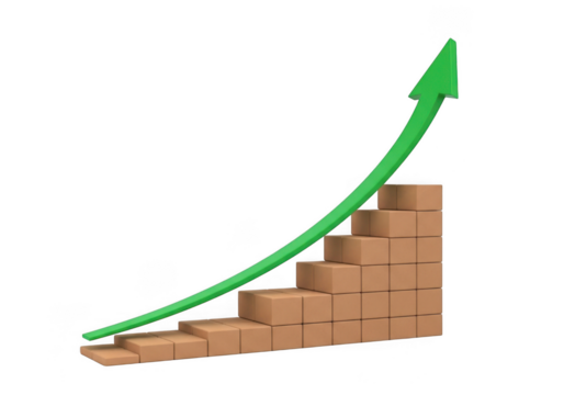A green arrow graph shows upward trend over stacked cardboard boxes isolated on transparent background