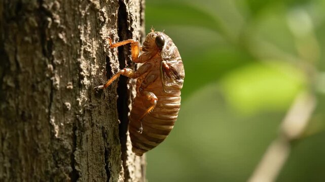 Cicada exoskeleton clings to a tree trunk against a blurred, leafy green background in natural light
