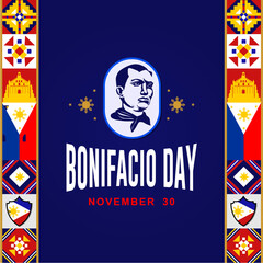 Happy Bonifacio Day 2025 with blue red yellow wavy ribbons. Great for Posters, Banners, Cards and Social Media. Vector Illustrator
