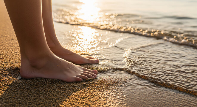 Close-up of Bare Feet Standing in Shallow Ocean Water at Sunset
A serene, close-up image capturing a person's bare feet standing where the shallow ocean water meets the beach - Powered by Adobe