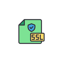 SSL certificate document icon with shield symbol, expressing secure connection, website encryption, trusted identity validation, and modern secure digital communication concept in web development envi
