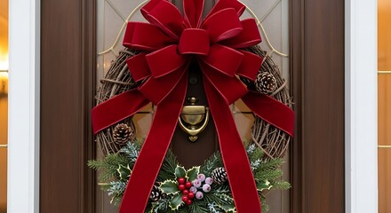 Festive Red Bow Adorns a Beautiful Christmas Wreath on a Front Door.