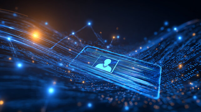 Digital identity icon glowing within futuristic data streams, representing secure personal identification and network connectivity. - Powered by Adobe