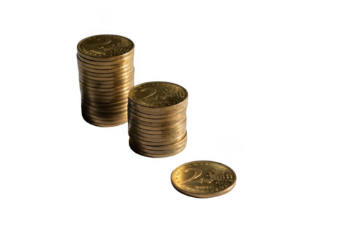 Stacks of gold coins showing a decrease in value, isolated on transparent background