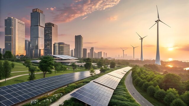 Sustainable city with solar panels and wind turbine - Powered by Adobe