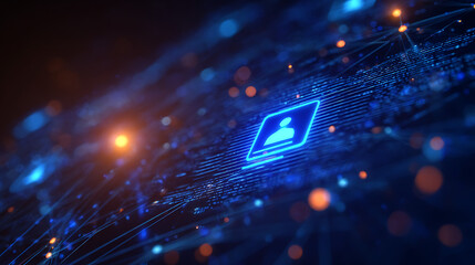 Dynamic digital network connects glowing user profile icon amidst abstract futuristic data streams and vibrant bokeh lights for technology concepts