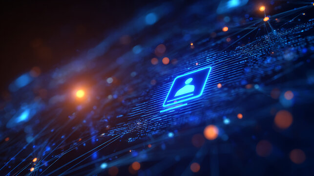 Dynamic digital network connects glowing user profile icon amidst abstract futuristic data streams and vibrant bokeh lights for technology concepts - Powered by Adobe