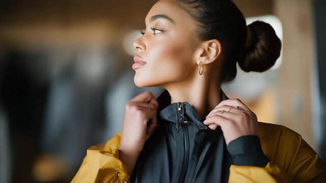 Stylish model adjusting outfit before a lifestyle photoshoot, emotion of focus and ambition visible, representing social media content creation, digital influencer aesthetics, and personal brand