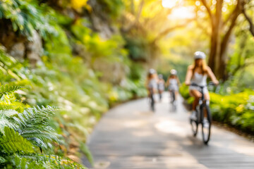 Obraz premium Group of friends cycling together on forest path surrounded by green trees in summer sunlight. blure