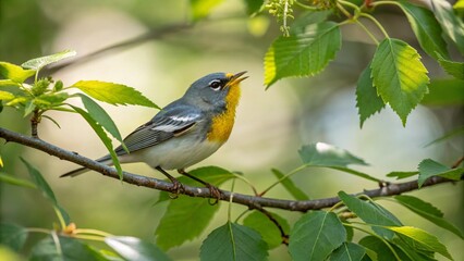 Fototapeta premium Northern Parula (Setophaga americana) songbird actively foraging in its natural, lush forest habitat with soft natural light.