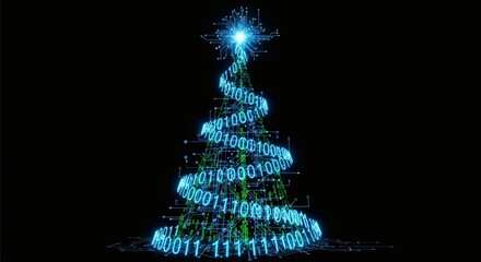 Digital christmas tree made of glowing blue binary code and green circuits on a black background