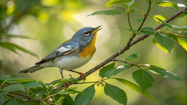 Northern Parula (Setophaga americana) songbird actively foraging in its natural, lush forest habitat with soft natural light.
