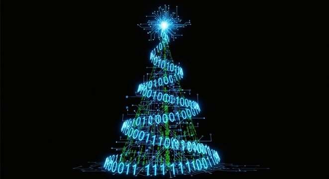 Digital christmas tree made of glowing blue binary code and green circuits on a black background - Powered by Adobe