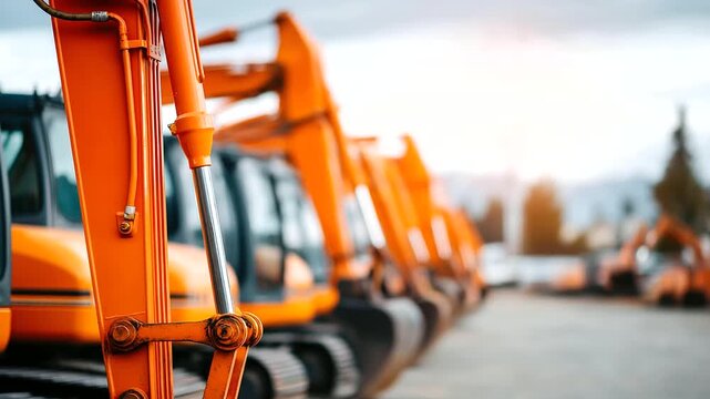 Row of excavators in parking lot with defocused construction machines, faceless heavy equipment, orange machinery visualization, blurred site background, civil engineering concept,