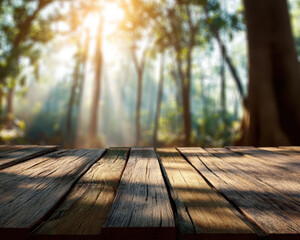 Wood surface rustic sunlight forest bokeh morning natural warm wooden table with rustic texture sunlight, forest bokeh background, morning glow