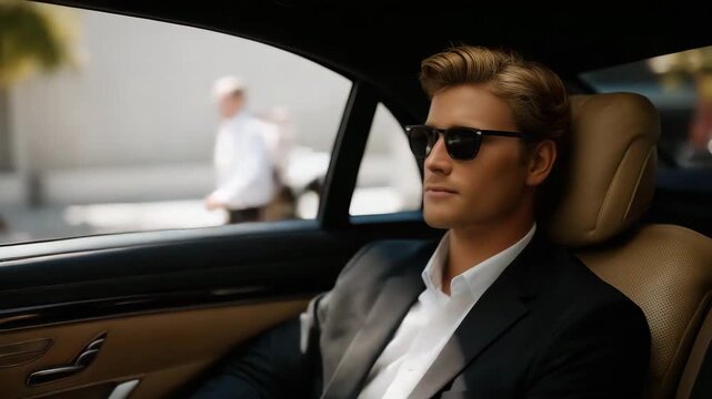 VIP client seated comfortably in the back of a luxury sedan while professional driver navigates city streets with precision, symbolizing business-class transportation, privacy, punctuality, and