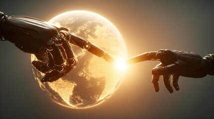 Two robotic hands meet above a glowing representation of the world.