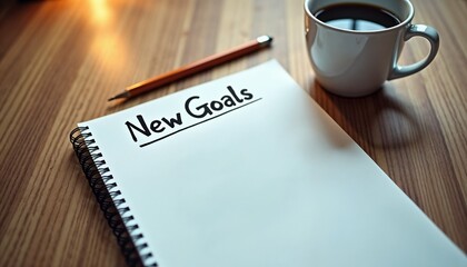 Notebook with resolution list and coffee cup for New Year’s goals