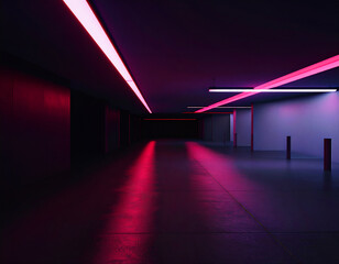 深淵の黒と蛍光の赤が織りなす、強烈なコントラスト。誰もいない地下空間に響く、未来的な静寂と緊張感。