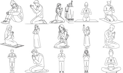 Black and white vector illustration showcases various medical professionals in different healthcare scenarios including doctors and patient interactions