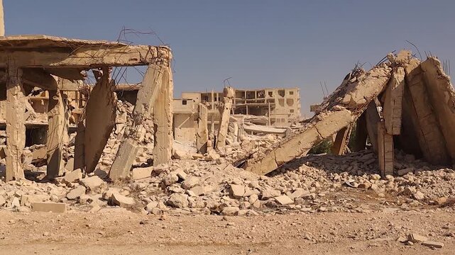 War torn Aleppo, Syria. Destroyed buildings after heavy airstrikes and fierce frontline battles, showing the brutality of war, human suffering, and the urgent need for reconstruction and peace