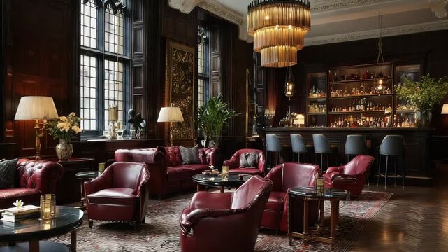Luxurious dark wood lounge interior with plush red leather seating and a fully stocked bar under a modern tiered chandelier with ambient warm lighting