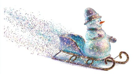 Snowman rides a colorful sled through a sparkling winter landscape leaving a trail of glitter