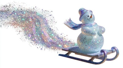Snowman glides down a sparkling slope on a colorful sled during winter festivities