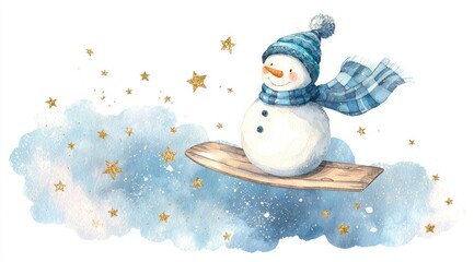 Snowman joyfully sledding through a starry winter sky with a cheerful expression and cozy attire