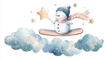 Cute snowman with a star wand surfing on clouds during a snowy winter day in a whimsical setting