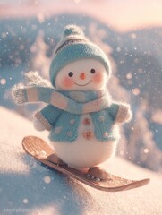 Snowman joyfully skiing on a snowy mountain slope during a bright winter day