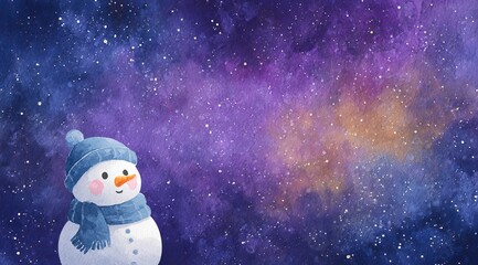 Snowman stands under a colorful starry sky in a winter wonderland with twinkling stars and cosmic hues