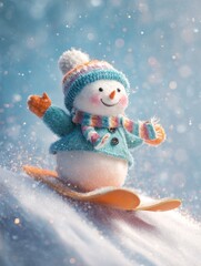 Snowman wearing a colorful sweater joyfully snowboarding down a snowy slope on a sunny winter day