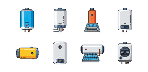 Illustrated collection of water heaters and heating systems designs